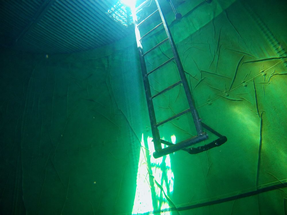 An internal access ladder seen underwater in a lined tank, with daylight coming through the hatch above.