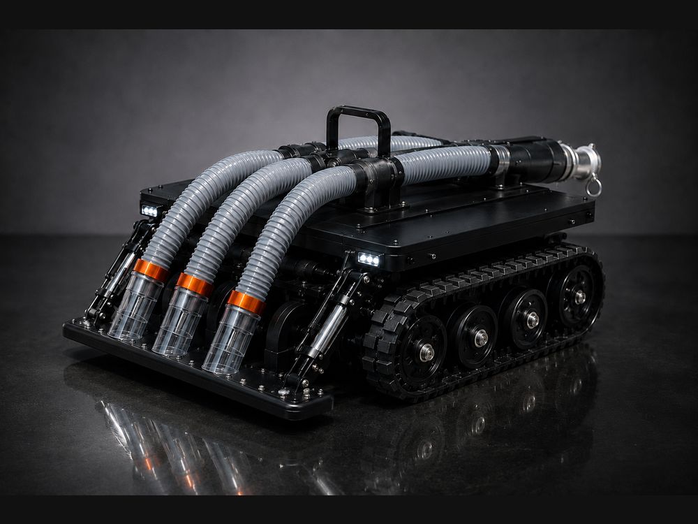 The Sludge Boss tracked vacuum crawler, with three front suction intakes, tracks and LED work lights.